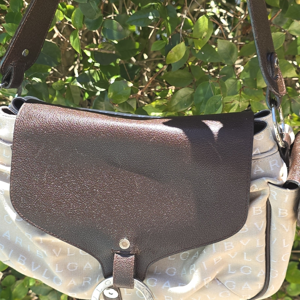 BVLGARI Hand Bag Canvas Leather Beige Brown Silver Hardware Authentic